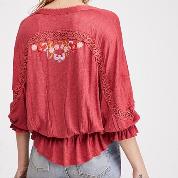 Free People Serafina Embroidered Floral Crochet Boho Top in Sangria Combo S - Picture 2 of 9